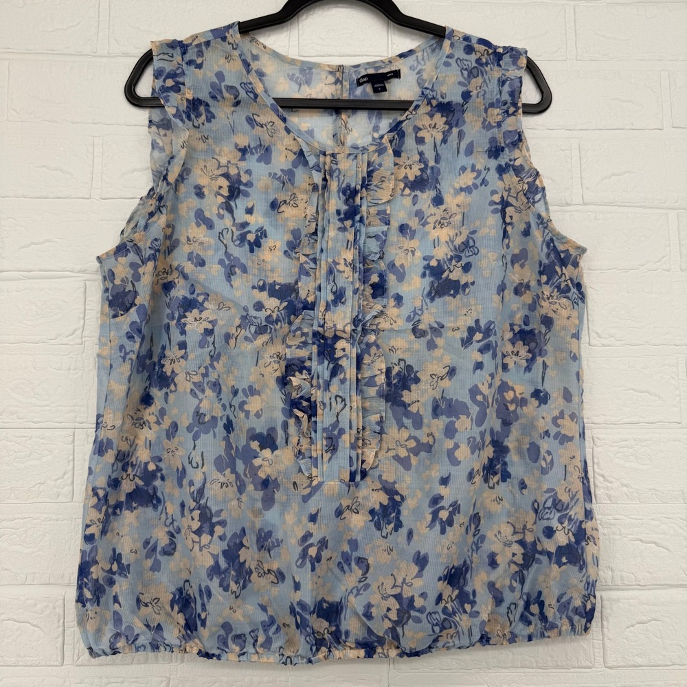 GAP Floral Top Womens L Blue Sheer Ruffle Front Sleeveless Blouse Elastic Hem